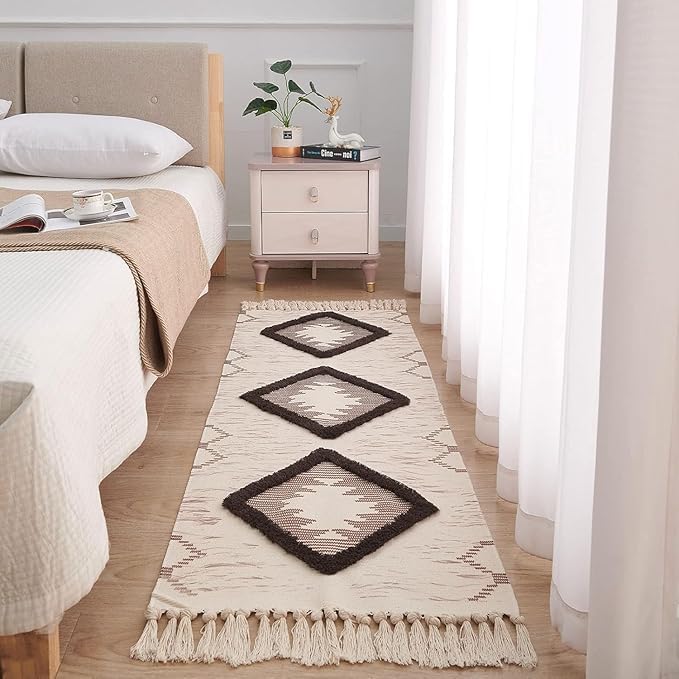 Slazie Handwoven Pure Cotton Bedside Runner Rug – 2x5 Feet Handtufted Area Rug | Multipurpose Designer Carpet for Bedside, Living Room, Home & Bed Décor|Brown DTR| TDR 011 - Image 1