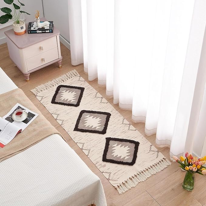 Slazie Handwoven Pure Cotton Bedside Runner Rug – 2x5 Feet Handtufted Area Rug | Multipurpose Designer Carpet for Bedside, Living Room, Home & Bed Décor|Brown DTR| TDR 011 - Image 3