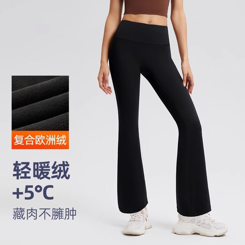 Leggings Black Fleece Sharkskin Seamless Yoga Flared Pants for Women's High-waisted Peach-lift Slimming Elastic Fitness Sports Wide-leg