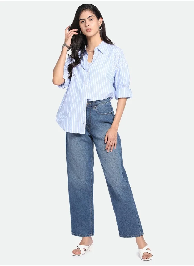 Dennis Lingo Indigo Relaxed Fit Jeans for Women - Denim Twill, Solid, Mid-Rise, Full Length, Casual, Button & Zip