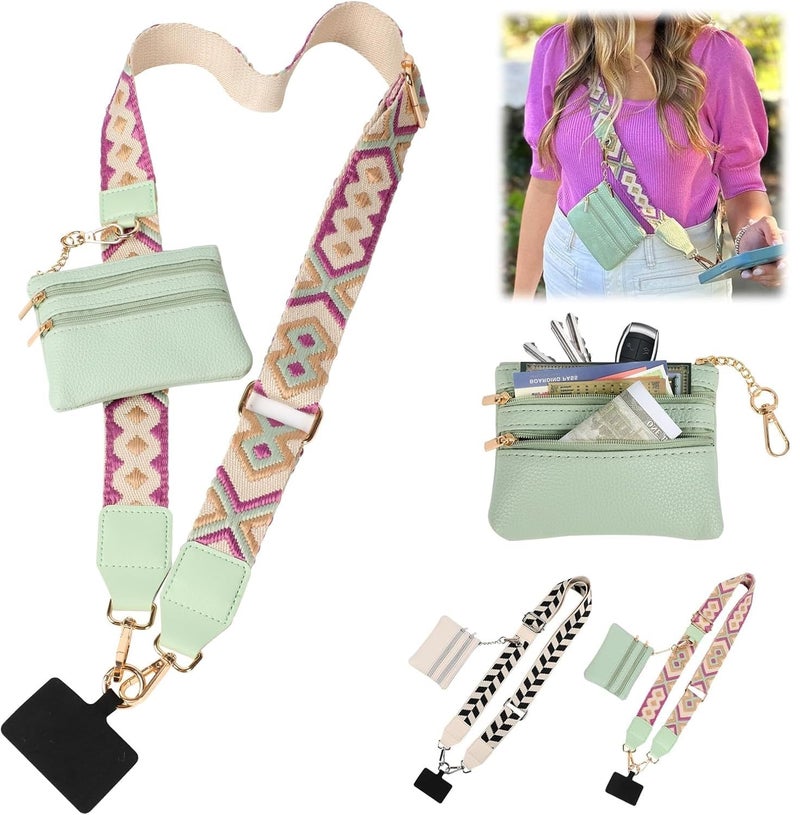 KELVEE Phone Strap with Zippered Pouch, Detachable Clip and Go Strap with Leather Wallet Crossbody Adjustable Chain Lanyard Mobile String for All Phones Sling Case, Gift for Stylish Women (Green) - Image 1