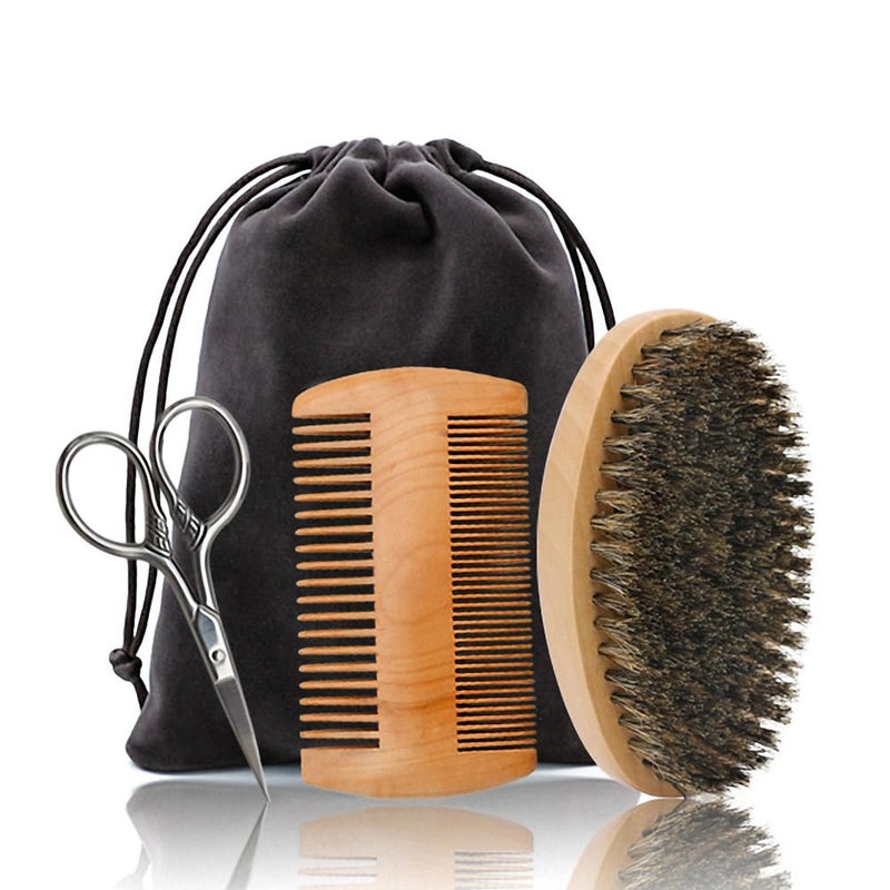 Hair Dough Beard Brush Comb Scissors Set for Men Set Includes Soft Boar Bristle Brush Bamboo Wide Tooth Comb and Mustache Trimming Scissors Straighten Soften Your Beard