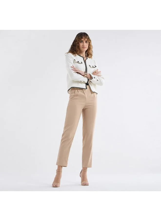 FAV Solid Pleated Regular Fit Trousers with Metallic Accent