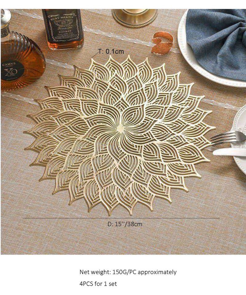 DB Innov. Placemats, 4 PCS Golden Round Marigold Type Placemats, Hollow Washable PVC Placemats, Non-Slip Stain Heat Resistant Place Mats for Dining Table, Diameter 15x15 Inch. - Image 2
