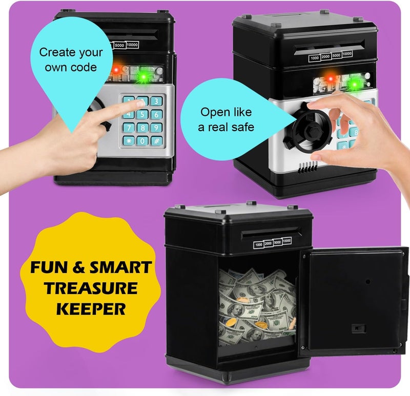 Subao Piggy Bank for Girls Boys, Electronic ATM Bank Toys for Cash Coin with Password, Safe Real Money Saving Box for Kids Adults, Children Birthday Gifts for Toddler Age 3-12 (Black) - Image 5