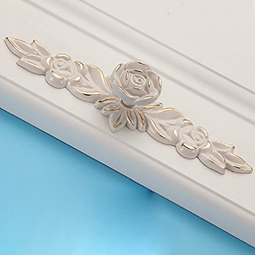 ESreake 6 Pack European Style Rose Cabinet Knobs with Backplate, 6.6" Vintage Kitchen Zinc Alloy Flower Drawer Pulls for Dresser Vanity Nightstand Cupboard Ivory White & Gold Edge(6 Pack, 6.6") - Image 3