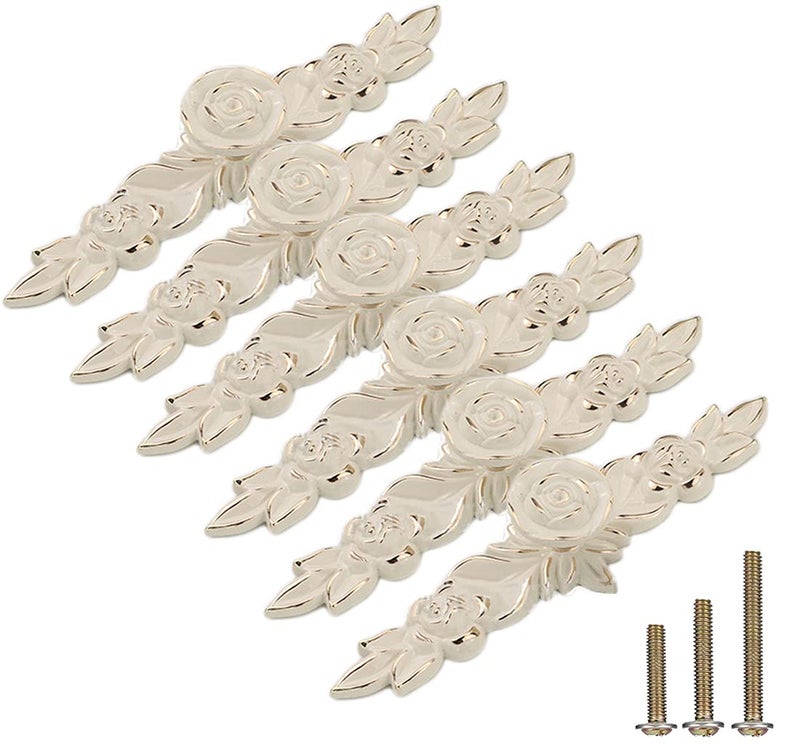 ESreake 6 Pack European Style Rose Cabinet Knobs with Backplate, 6.6" Vintage Kitchen Zinc Alloy Flower Drawer Pulls for Dresser Vanity Nightstand Cupboard Ivory White & Gold Edge(6 Pack, 6.6") - Image 1