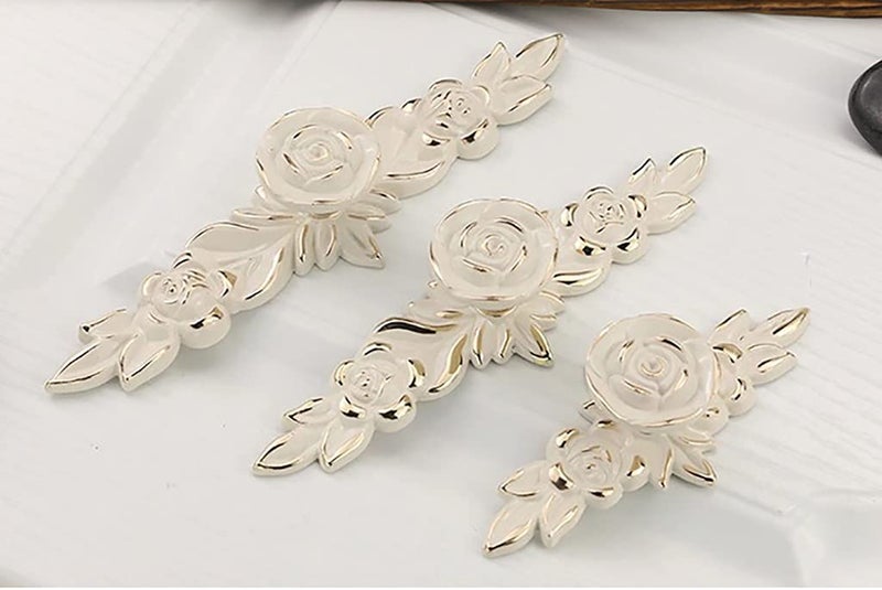 ESreake 6 Pack European Style Rose Cabinet Knobs with Backplate, 6.6" Vintage Kitchen Zinc Alloy Flower Drawer Pulls for Dresser Vanity Nightstand Cupboard Ivory White & Gold Edge(6 Pack, 6.6") - Image 4