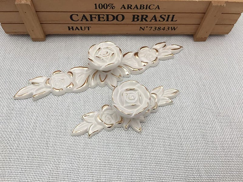 ESreake 6 Pack European Style Rose Cabinet Knobs with Backplate, 6.6" Vintage Kitchen Zinc Alloy Flower Drawer Pulls for Dresser Vanity Nightstand Cupboard Ivory White & Gold Edge(6 Pack, 6.6") - Image 5