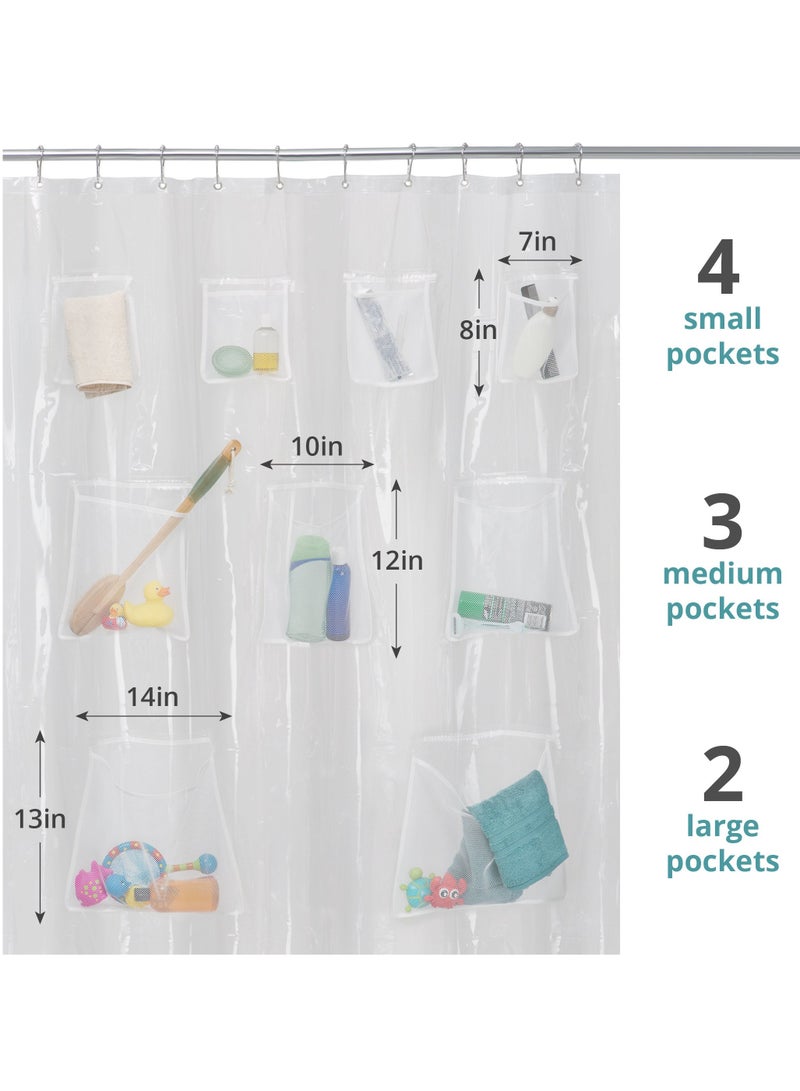 Zikra Waterproof PEVA Shower Curtain with Hooks Liner 9 Mesh Storage Pockets 70 x 72 Bathroom Organizer Clear - Image 3