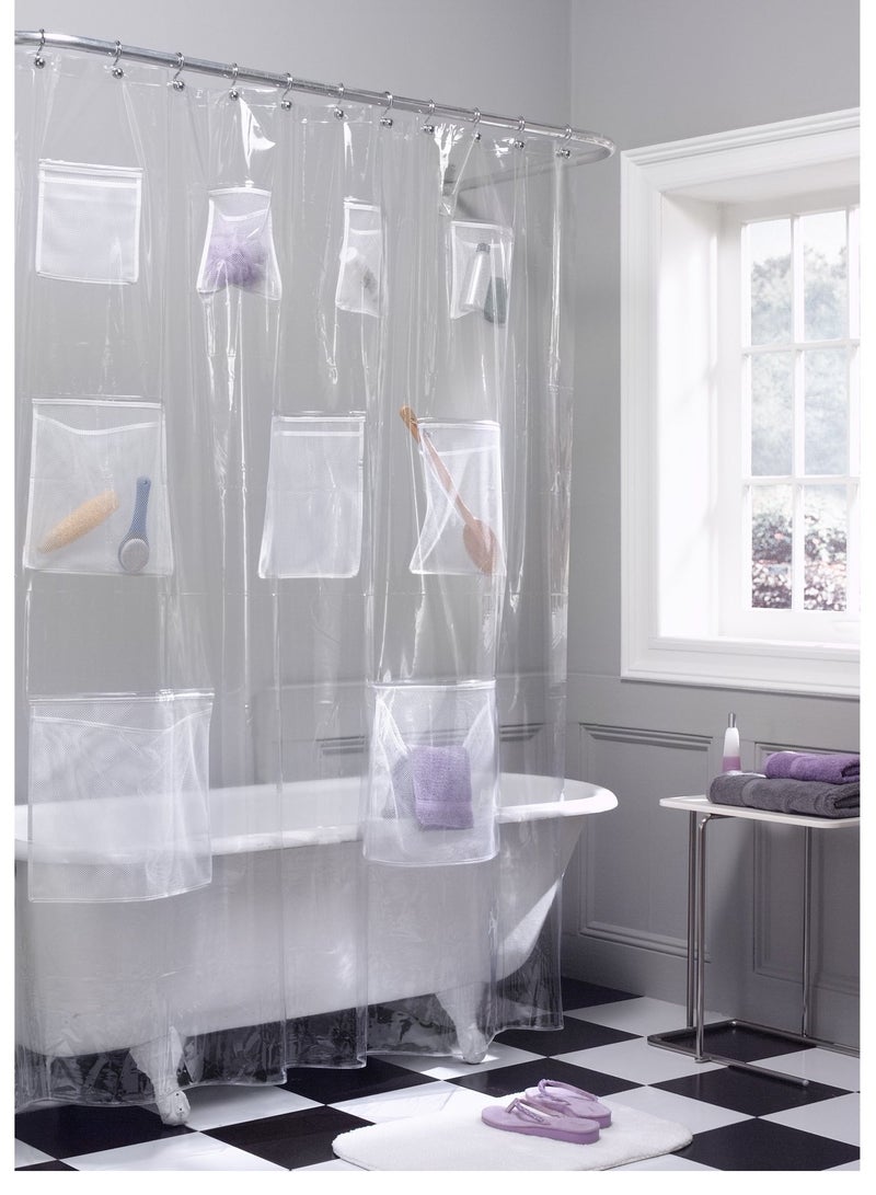 Zikra Waterproof PEVA Shower Curtain with Hooks Liner 9 Mesh Storage Pockets 70 x 72 Bathroom Organizer Clear - Image 1