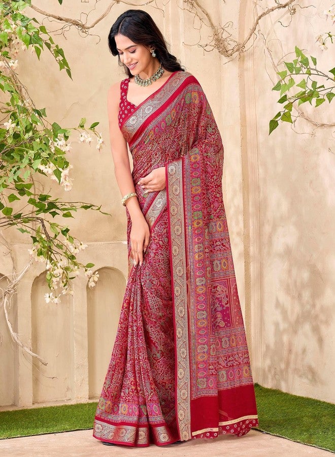 SIRIL Women's Georgette Foil Printed Weaving Border Saree With Unstitched Blouse Piece (4918S924_Red) - Image 2