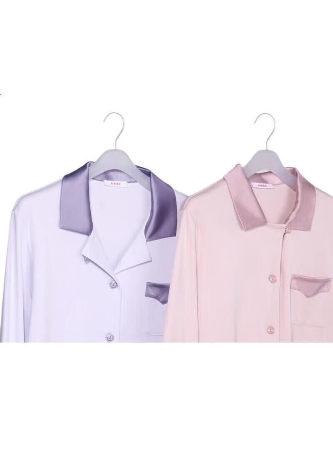 AIMER Pure Cotton Lapel Long-Sleeve Cotton Simple Comfortable Pajama Set Loungewear 165 - Image 2