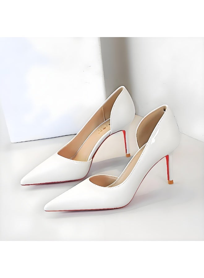 بيج تري المضخات النسائية مغلقة أشارت إصبع القدم الكعب العالي الحزب فستان الأحذية الأبيض 7.5CM