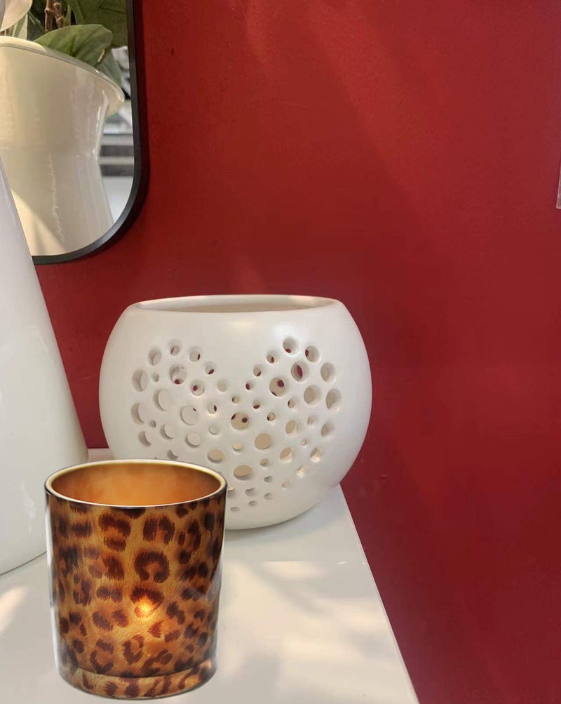 KiaoTime Glass Candle Holder Tealight Stand Cup Fragrance Warmer Leopard Print Candlestick Holder Desktop Centerpiece for Home Wedding Anniversary Table Décor - Image 4