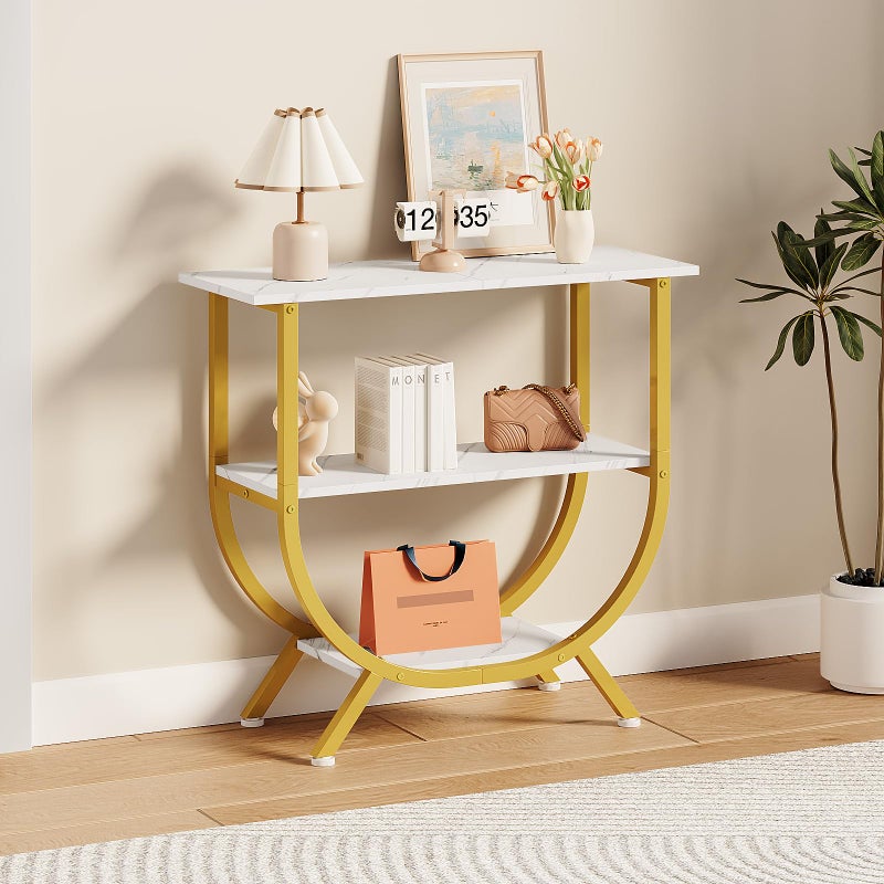 Trironsun 3 Tier Console Table with Storage 30" Height Entryway Table with Open Shelves Industrial Sofa Table Behind Couch for Living Room Hallway Entrance (Gold White) - Image 1