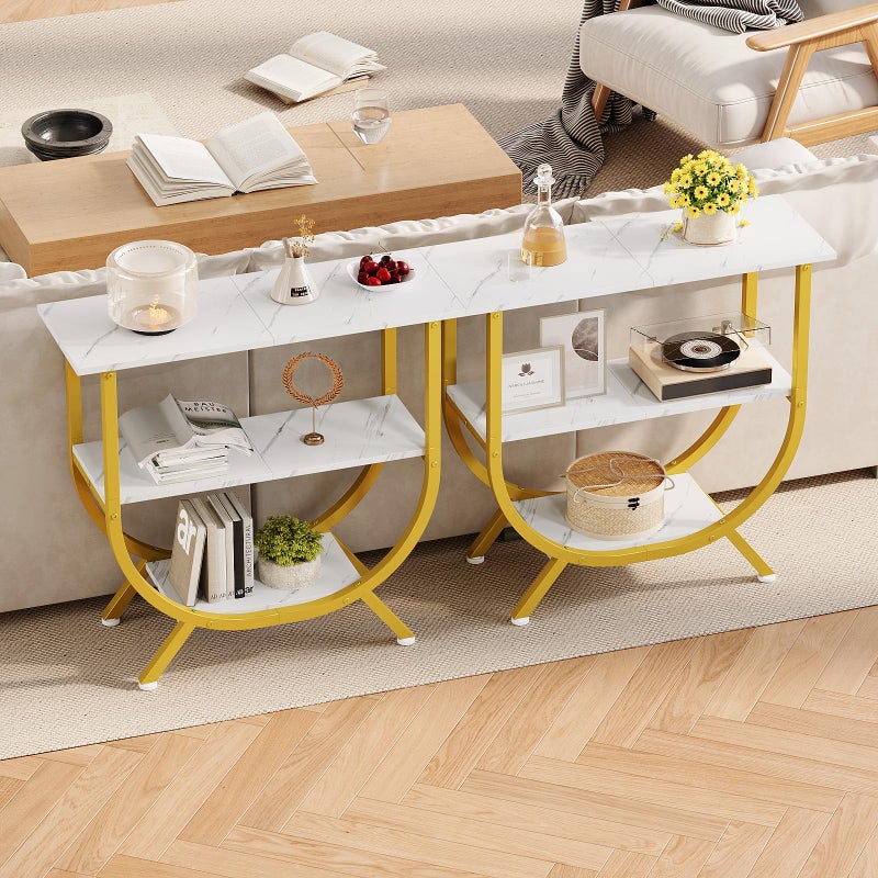 Trironsun 3 Tier Console Table with Storage 30" Height Entryway Table with Open Shelves Industrial Sofa Table Behind Couch for Living Room Hallway Entrance (Gold White) - Image 4