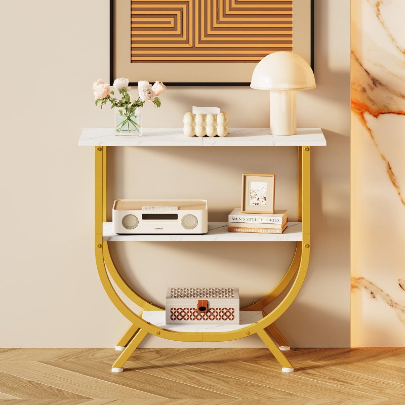 Trironsun 3 Tier Console Table with Storage 30" Height Entryway Table with Open Shelves Industrial Sofa Table Behind Couch for Living Room Hallway Entrance (Gold White) - Image 2
