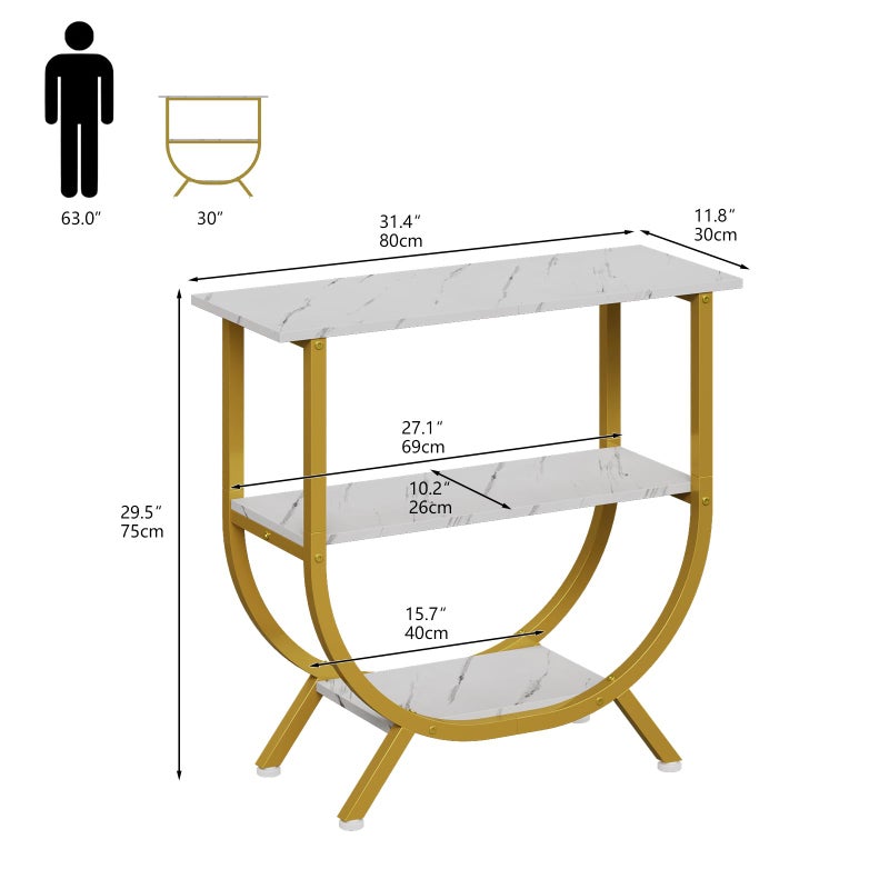 Trironsun 3 Tier Console Table with Storage 30" Height Entryway Table with Open Shelves Industrial Sofa Table Behind Couch for Living Room Hallway Entrance (Gold White) - Image 5