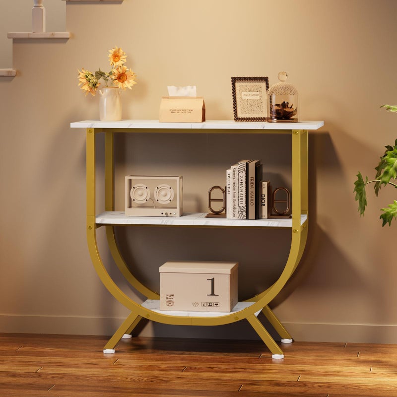Trironsun 3 Tier Console Table with Storage 30" Height Entryway Table with Open Shelves Industrial Sofa Table Behind Couch for Living Room Hallway Entrance (Gold White) - Image 3