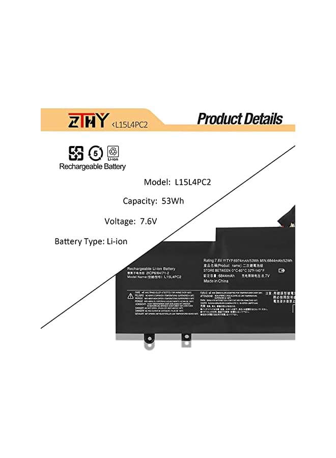 ZTHY 53Wh L15M4Pc2 L15L4Pc2 Laptop Replacement Battery For Lenovo Ideapad Yoga 710-14Ikb 710-14Isk 710-15Ikb 710-15Isk Series 5B10K90778 5B10K90802 7.64V 6960Mah 4 Cell - Image 3
