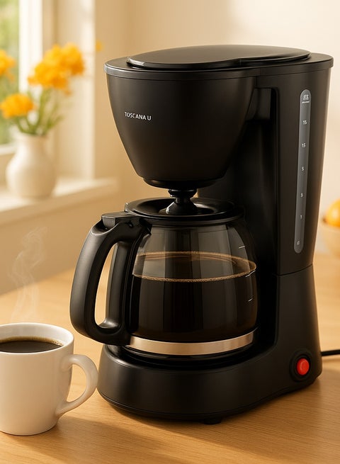 650-watt coffee maker for preparing 6 cups, with a removable and reusable filter, with an automatic shut-off feature and anti-drip, heat-resistant glass jug