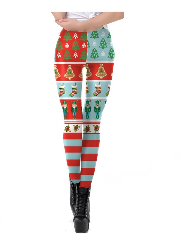 إسكدنيا النساء مطبوعة عيد الميلاد ملابس عالية الخصر عيد الميلاد ضيق العطلة بنطلون رقيقة - Image 1