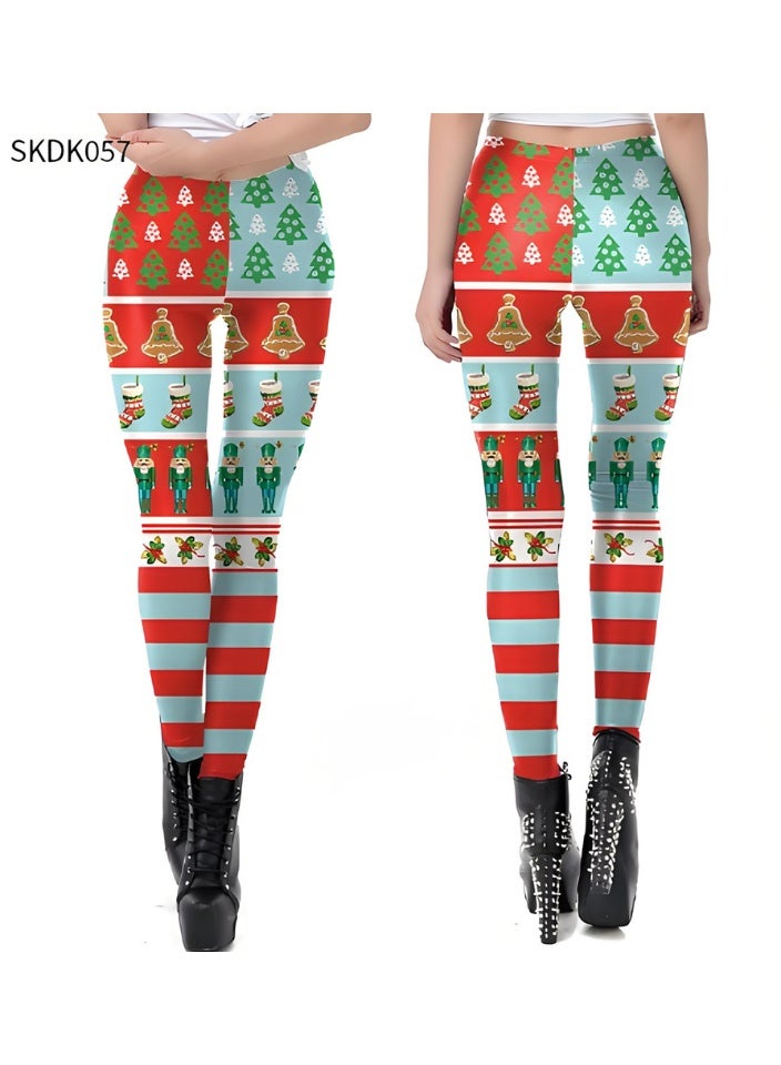 إسكدنيا النساء مطبوعة عيد الميلاد ملابس عالية الخصر عيد الميلاد ضيق العطلة بنطلون رقيقة - Image 2