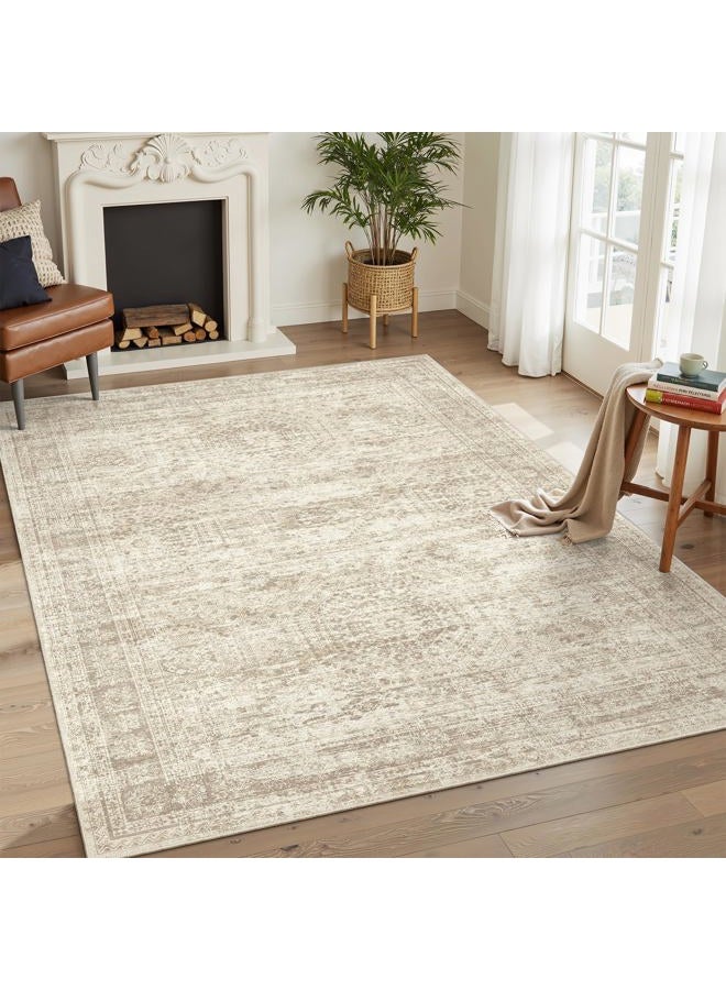 Soalmost 4x6 Area Rugs for Living Room, Vintage Washable Rugs for Dining Room, Bedroom, Home Office Decor, Non-Slip Beige Carpet Thin Rug - Image 3