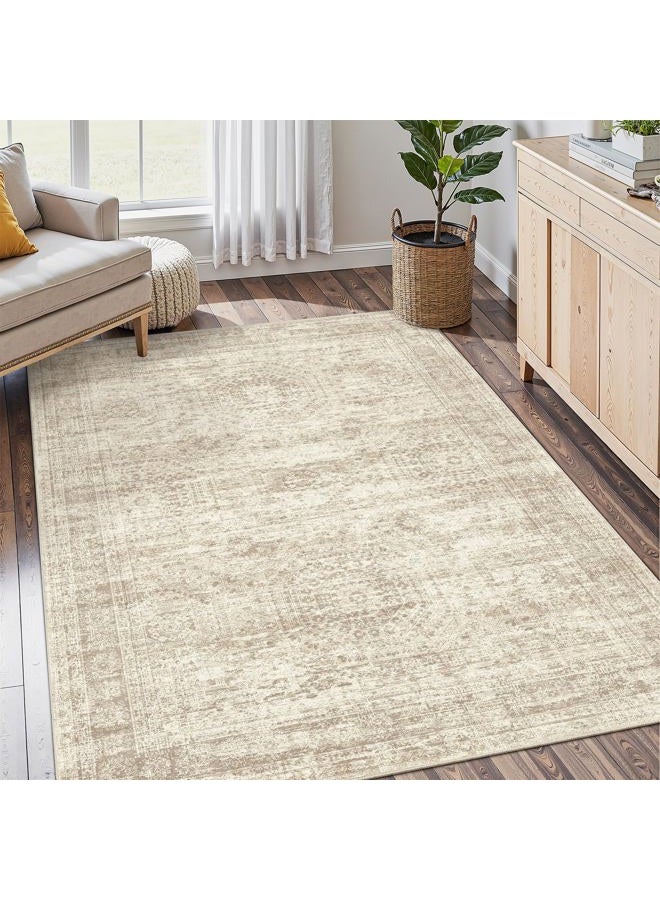 Soalmost 4x6 Area Rugs for Living Room, Vintage Washable Rugs for Dining Room, Bedroom, Home Office Decor, Non-Slip Beige Carpet Thin Rug - Image 1