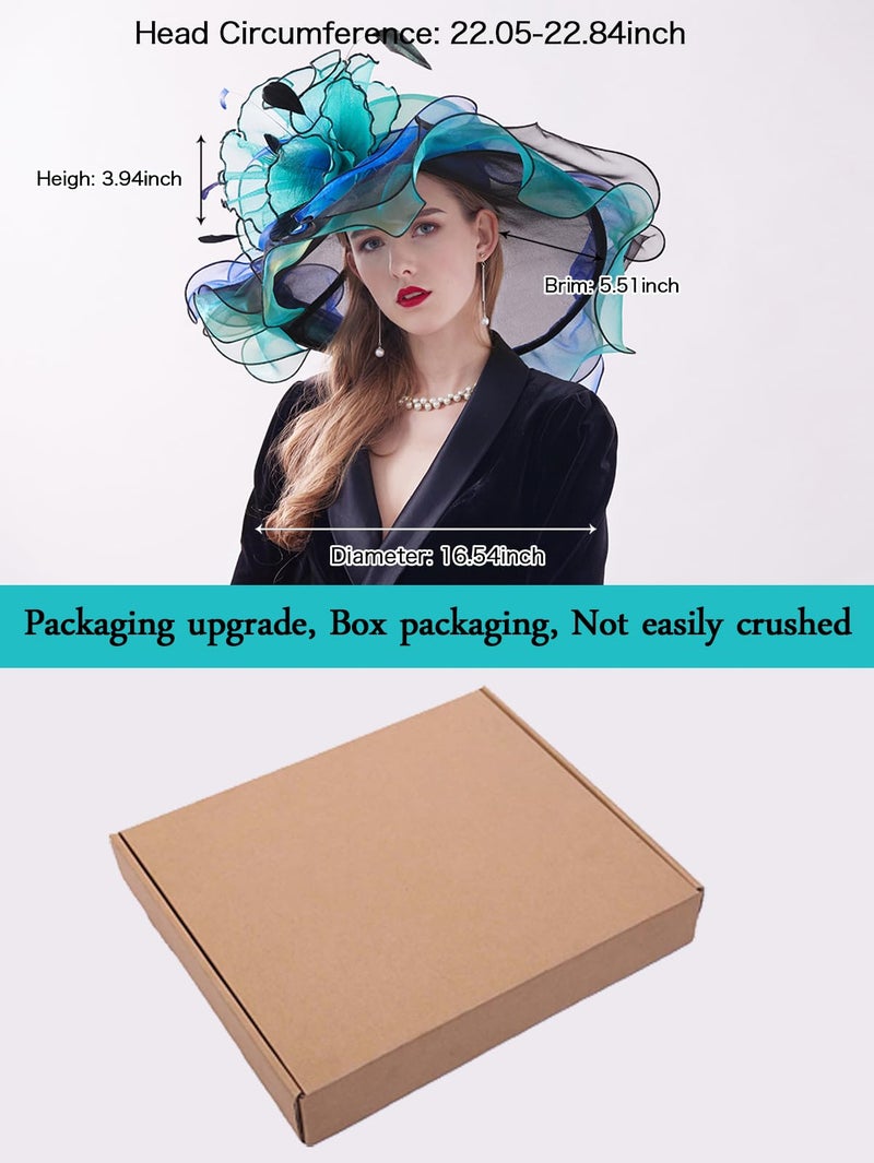 ZX Z&X Womne's Dual-use Organza Church Kentucky Derby Hat Bow Fascinator Clip Wide Brim Ruffles Wedding Hat Blue Green, #03a- Green and Black, One Size - Image 2