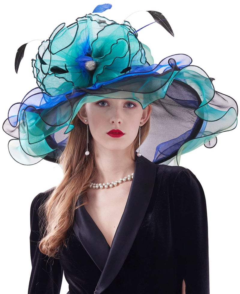 ZX Z&X Womne's Dual-use Organza Church Kentucky Derby Hat Bow Fascinator Clip Wide Brim Ruffles Wedding Hat Blue Green, #03a- Green and Black, One Size - Image 1