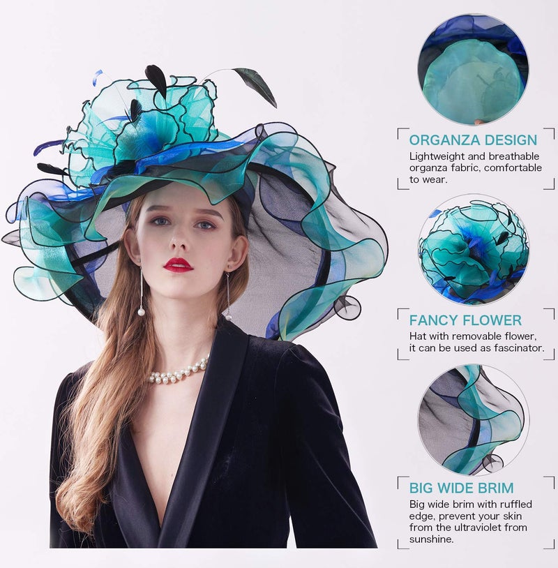 ZX Z&X Womne's Dual-use Organza Church Kentucky Derby Hat Bow Fascinator Clip Wide Brim Ruffles Wedding Hat Blue Green, #03a- Green and Black, One Size - Image 4