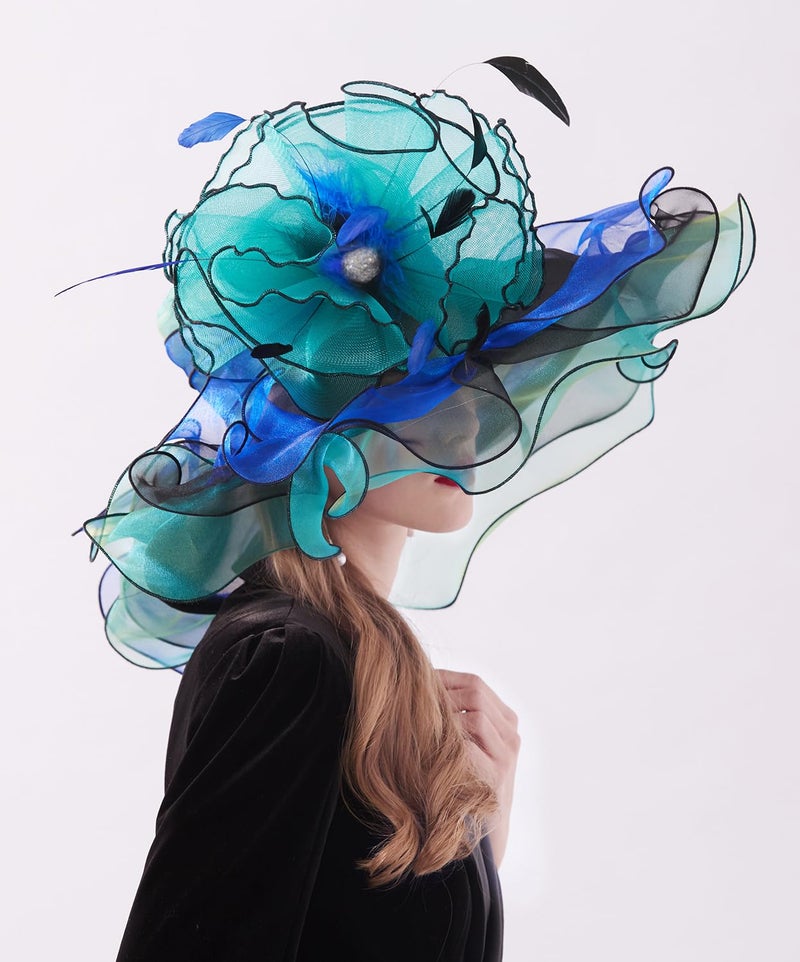 ZX Z&X Womne's Dual-use Organza Church Kentucky Derby Hat Bow Fascinator Clip Wide Brim Ruffles Wedding Hat Blue Green, #03a- Green and Black, One Size - Image 5
