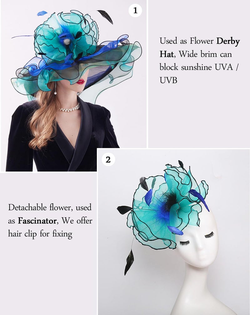 ZX Z&X Womne's Dual-use Organza Church Kentucky Derby Hat Bow Fascinator Clip Wide Brim Ruffles Wedding Hat Blue Green, #03a- Green and Black, One Size - Image 3
