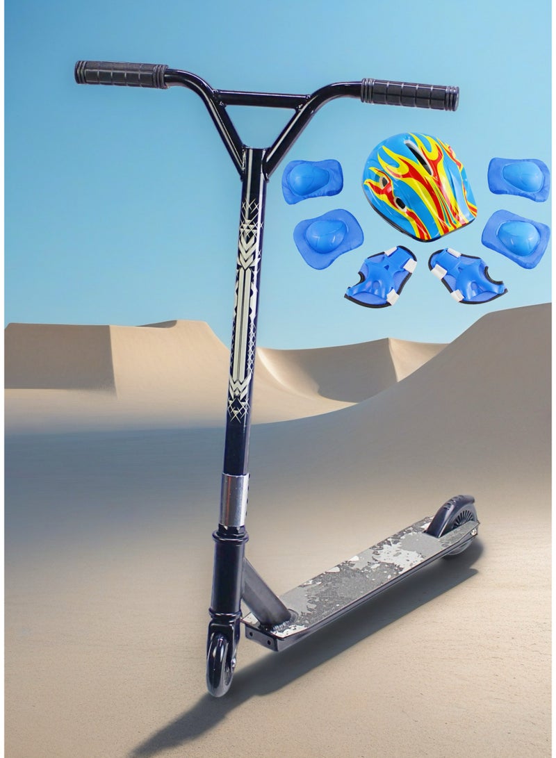 إيزي فيتشور سكوتر حركات بهلوانية احترافي من إيزي فيوتشر - عجلتان، سطح من الألومنيوم مع شريط تثبيت، عجلات من الألومنيوم 110 مم، مقود عريض على شكل حرف T، فرامل فولاذية، سكوتر حركات بهلوانية خفيف الوزن 360 درجة للمبتدئين والمتوسطين، بما في ذلك مجموعة معدات الحماية الكاملة - Image 5