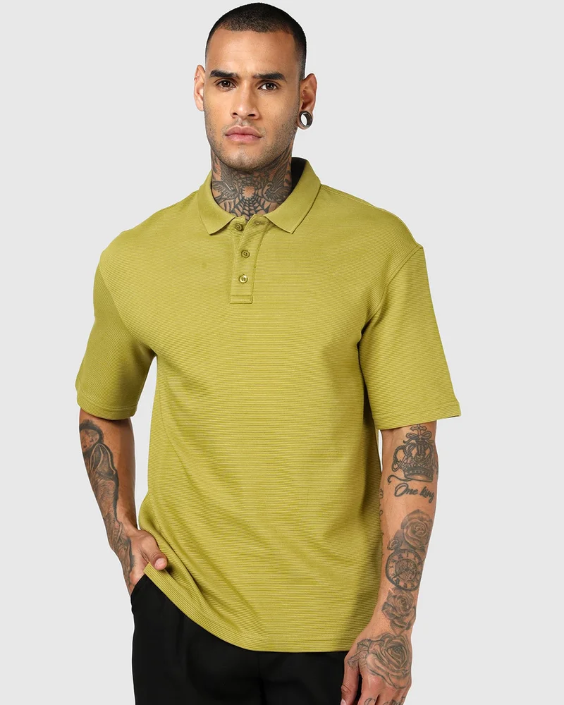 بيواكوف Men's Avocado Oil Yellow Textured Oversized Polo T-shirt