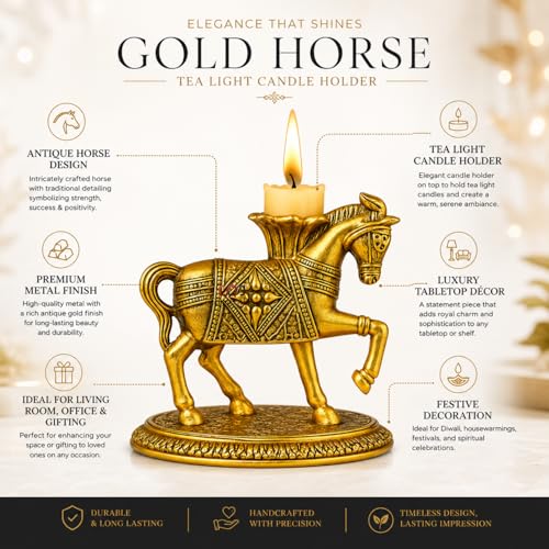 Salvus APP SOLUTIONS Metal Horse Tea Light Candle Holder for Home Decor, Decorative Tabletop Showpiece for Living Room, Diwali Decoration, Office Desk & Gifting, Gold, 4 x 4 Inch (only Horse) - Image 2