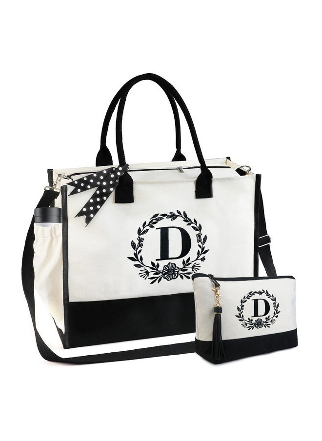 BeeGreen - Personalized Tote Bag For Women, Embroidery Monogram Birthday Gifts, Large Initial Bag With Zipper Closure, Adjustable Strap, Side Pocket And Makeup Bag Letter D - Image 1