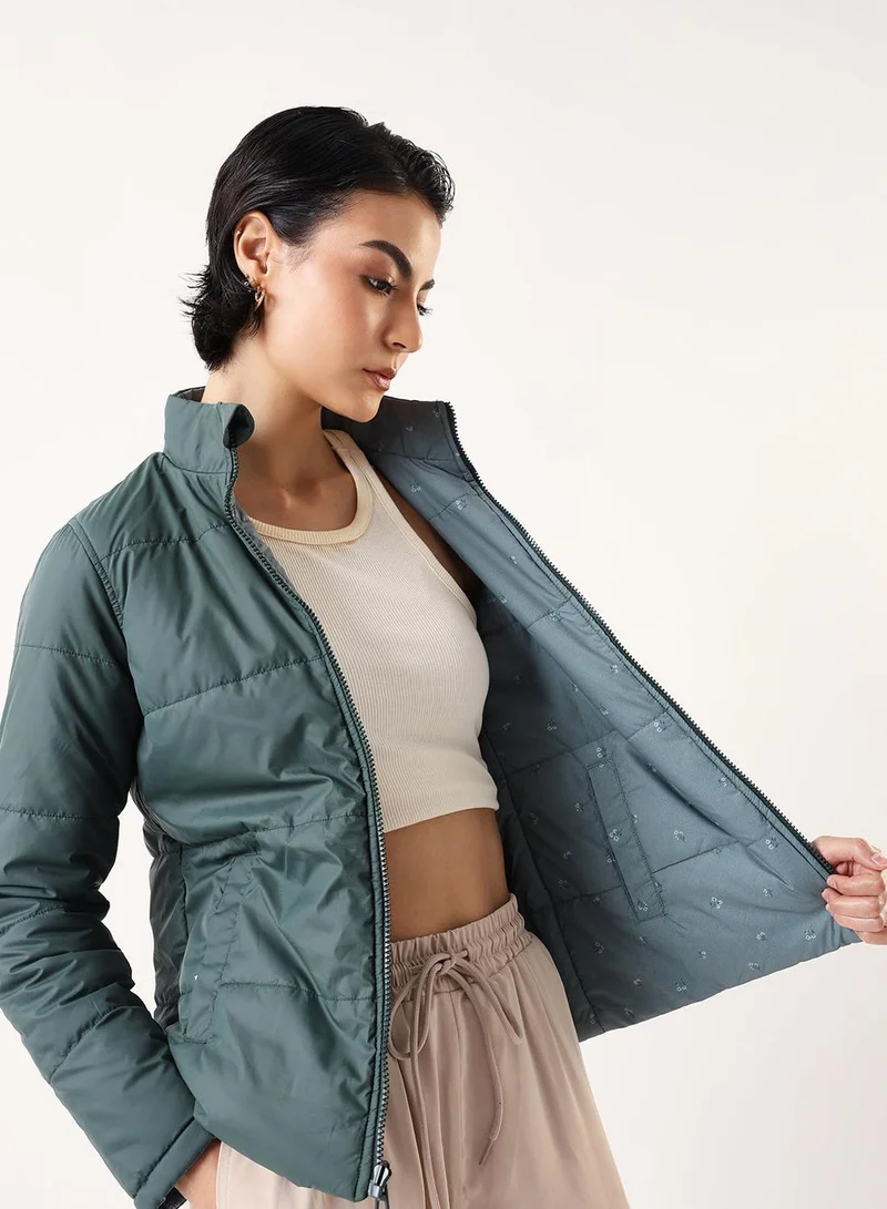 Women's Petrol 100% Polyester Printed Reversible Puffer Regular Fit Jacket