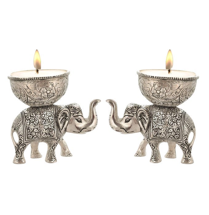 HANDICRAFT ANTIQUE ELEPHANT T LIGHT CANDLE HOLDER SET OF 2 ALUMINIUM
