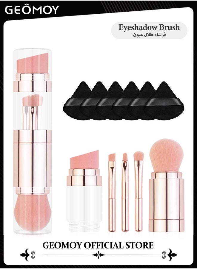 Geomoy - 5 in 1 Portable Mini Makeup Brushe Set with 6pcs Triangle Powder Puff Eyeshadow Brush & Lip  Brush & Face  Brush & Foundation Brush & Powder Puff Convenient for Daily Makeup - Image 1