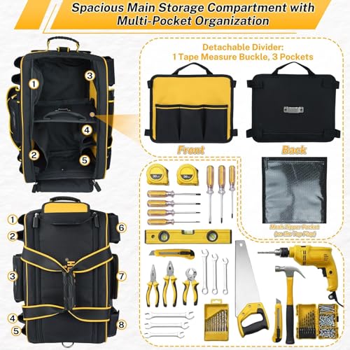 MELOTOUGH Rolling Tool Bag with Wheels, Heavy Duty Tool Bag Organizer with Concealed Telescoping Handle, Large Capacity, Multiple Pockets for Electrician, HVAC, Construction, Carpenter (Yellow) - Image 4