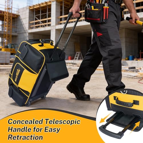MELOTOUGH Rolling Tool Bag with Wheels, Heavy Duty Tool Bag Organizer with Concealed Telescoping Handle, Large Capacity, Multiple Pockets for Electrician, HVAC, Construction, Carpenter (Yellow) - Image 5