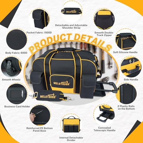 MELOTOUGH Rolling Tool Bag with Wheels, Heavy Duty Tool Bag Organizer with Concealed Telescoping Handle, Large Capacity, Multiple Pockets for Electrician, HVAC, Construction, Carpenter (Yellow) - Image 2