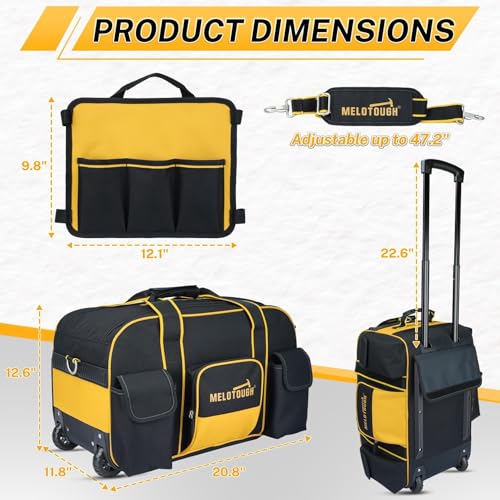 MELOTOUGH Rolling Tool Bag with Wheels, Heavy Duty Tool Bag Organizer with Concealed Telescoping Handle, Large Capacity, Multiple Pockets for Electrician, HVAC, Construction, Carpenter (Yellow) - Image 3