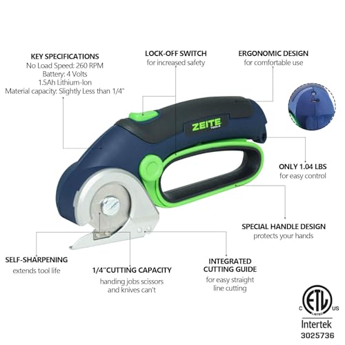 ZEITE 4V Cordless Electric Scissors,Cardboard Cutter with 2 Blades,Storage Box,USB Charging Cable,Power Rotary Cutter,Max Cutting 1/4",for Cardboard Box,Thin Carpet & Plastic, Easy to Hold and Safe - Image 2