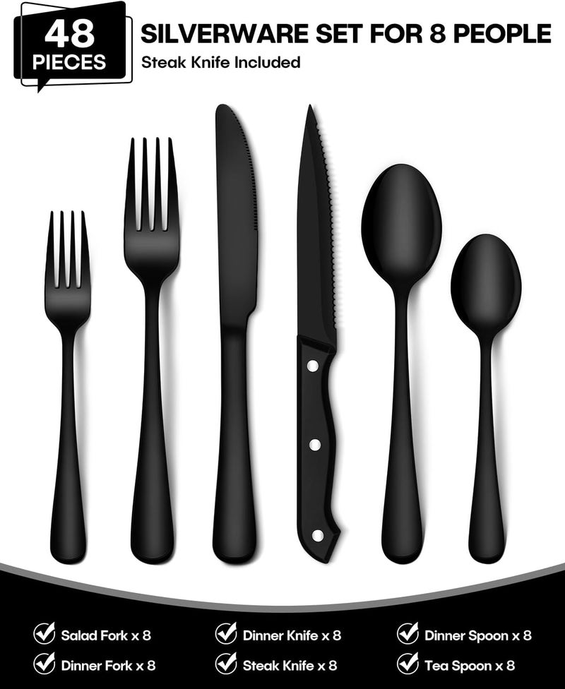EUIRIO 48Piece Black Silverware Set with Steak Knives Heavy Duty Black Flatware Set for 8 FoodGrade Stainless Steel Tableware Cutlery Set Utensil Sets for Home Restaurant Mirror Finish - Image 2