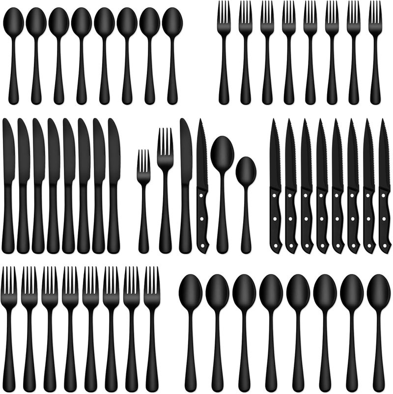 EUIRIO 48Piece Black Silverware Set with Steak Knives Heavy Duty Black Flatware Set for 8 FoodGrade Stainless Steel Tableware Cutlery Set Utensil Sets for Home Restaurant Mirror Finish - Image 1