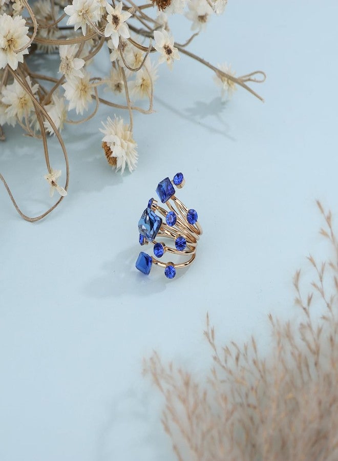 Xerling Cubic Blue Crystal Statement Rhinestones Ring Layered Band Ring Bridal Ring for Wedding Prom Wrap Ring for Women (Blue) - Image 5